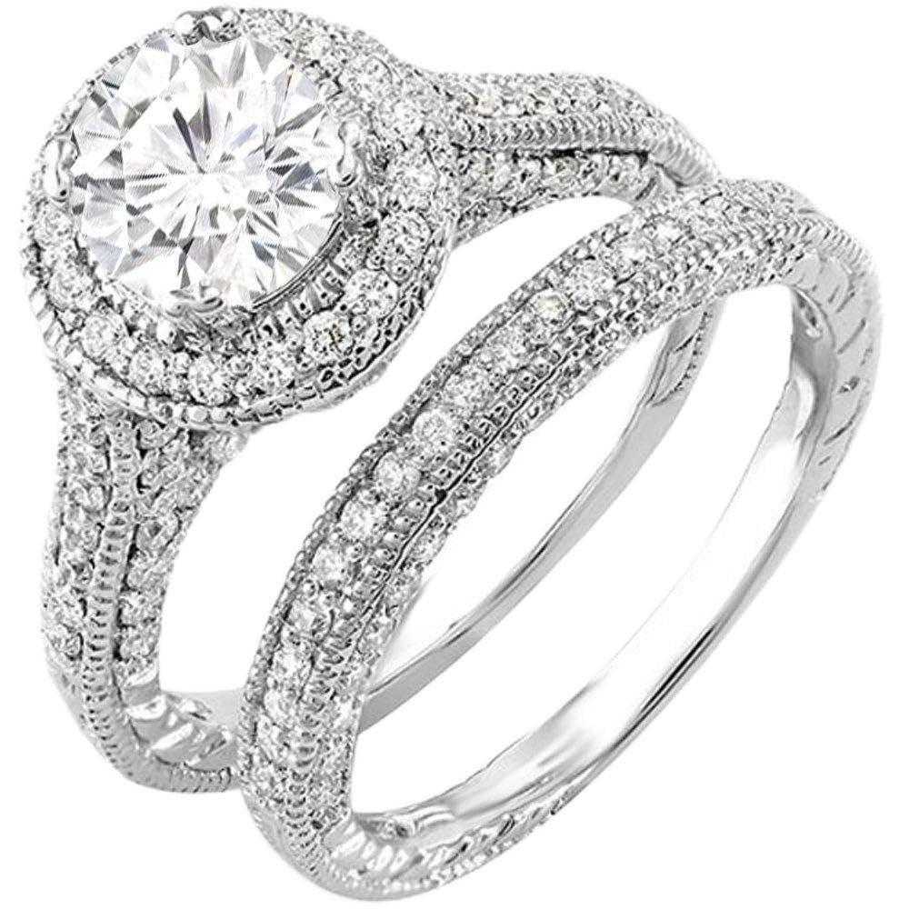 Dazzlingrock Collection - Juego de anillos de compromiso para mujer, oro de 14 quilates, redondos, moissanita y diamantes blancos