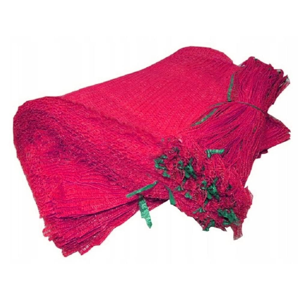 100 x Net Sacks 35 x 50 cm / 13.5 x 19.5" Max Load 10 Kg Non-Stretch with Drawstring, Raschel Bags, Mesh Sacks for Vegetables, Kindling Wood, Logs, Onion, Carrot, Potato (Maroon)