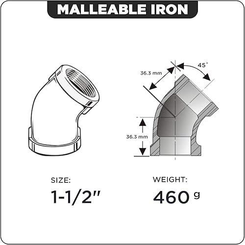 Miniatura 4 de Everflow Suministra BMFF0212 2-12 "Codo de hierro maleable de 45 grados para altas presiones con rosca hembra conecta y acabado negro