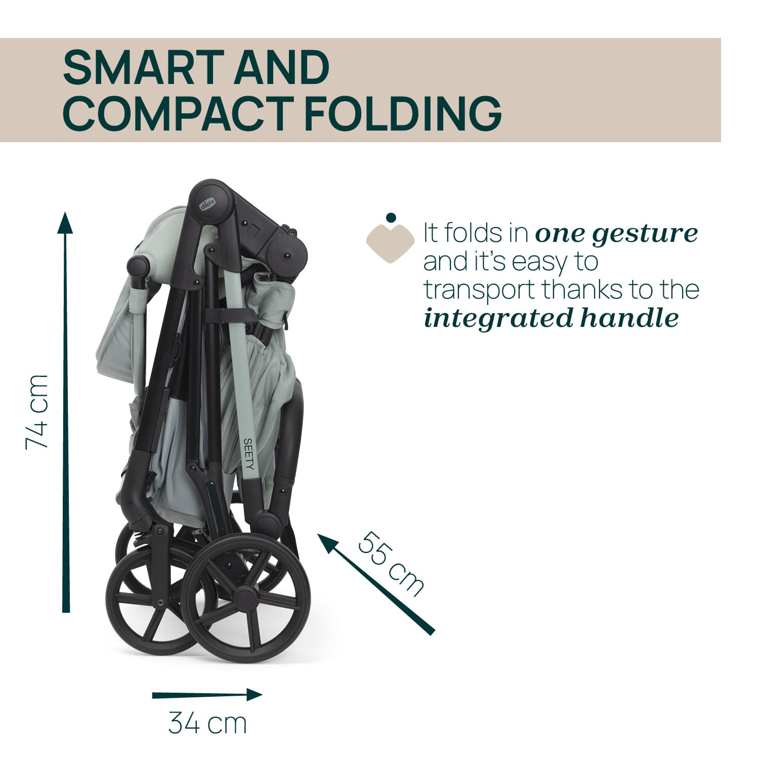 Chicco Poussette Seety, Poussette Légère et Compacte de 0 Mois à 4 Ans, Charge Max 22 kg, Poussette Pliable, Dossier Réglable, Fermeture Automatique en 1 Geste, Canopy Pare-Soleil et Habillage Pluie
