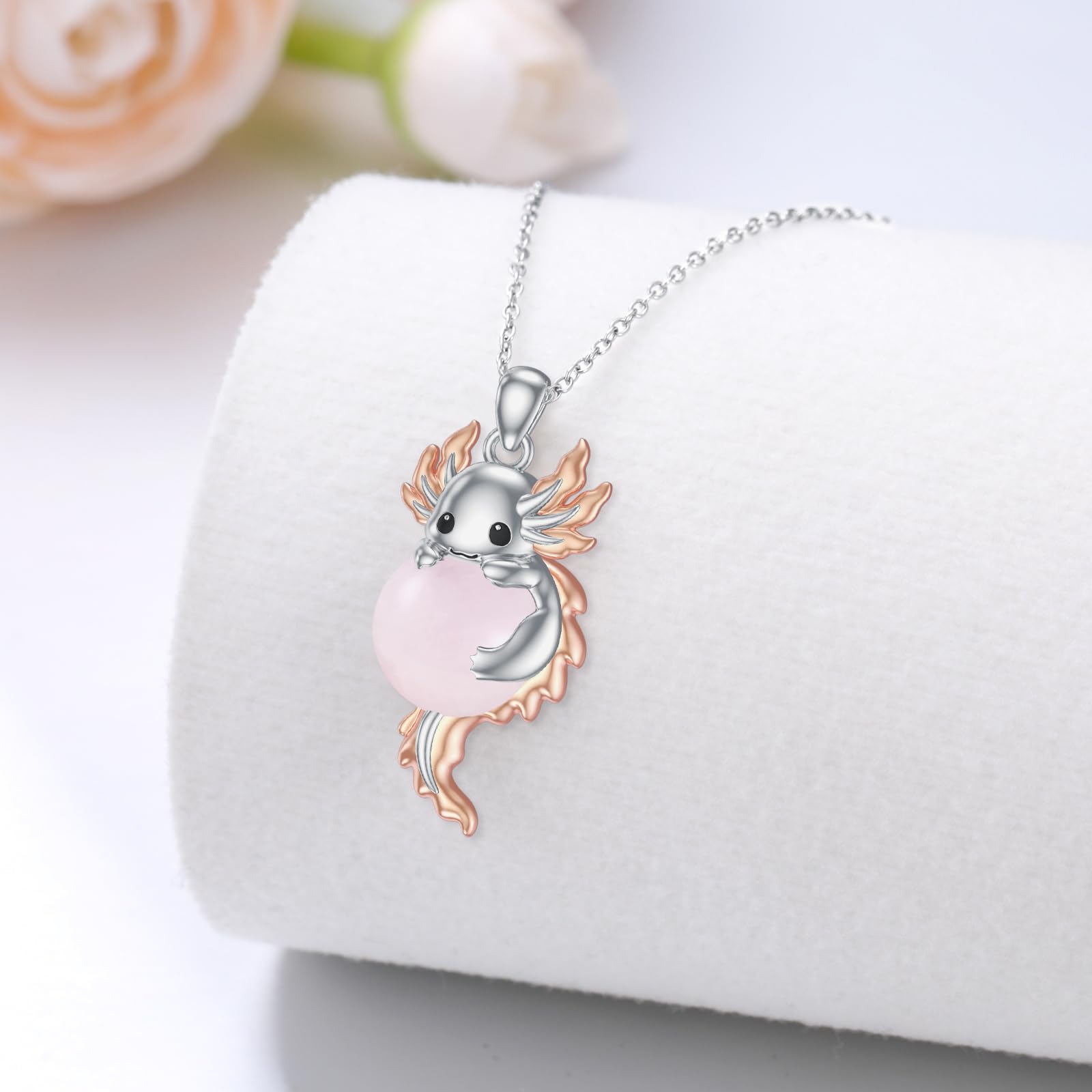 925 Sterling Silber Axolotl Kette für Damen Rosenquarz/Mondstein/Geburtsstein und Axolotl Anhänger Silber Axolotl Halskette Axolotl Schmuck Geschenk für Axolotlliebhaberin