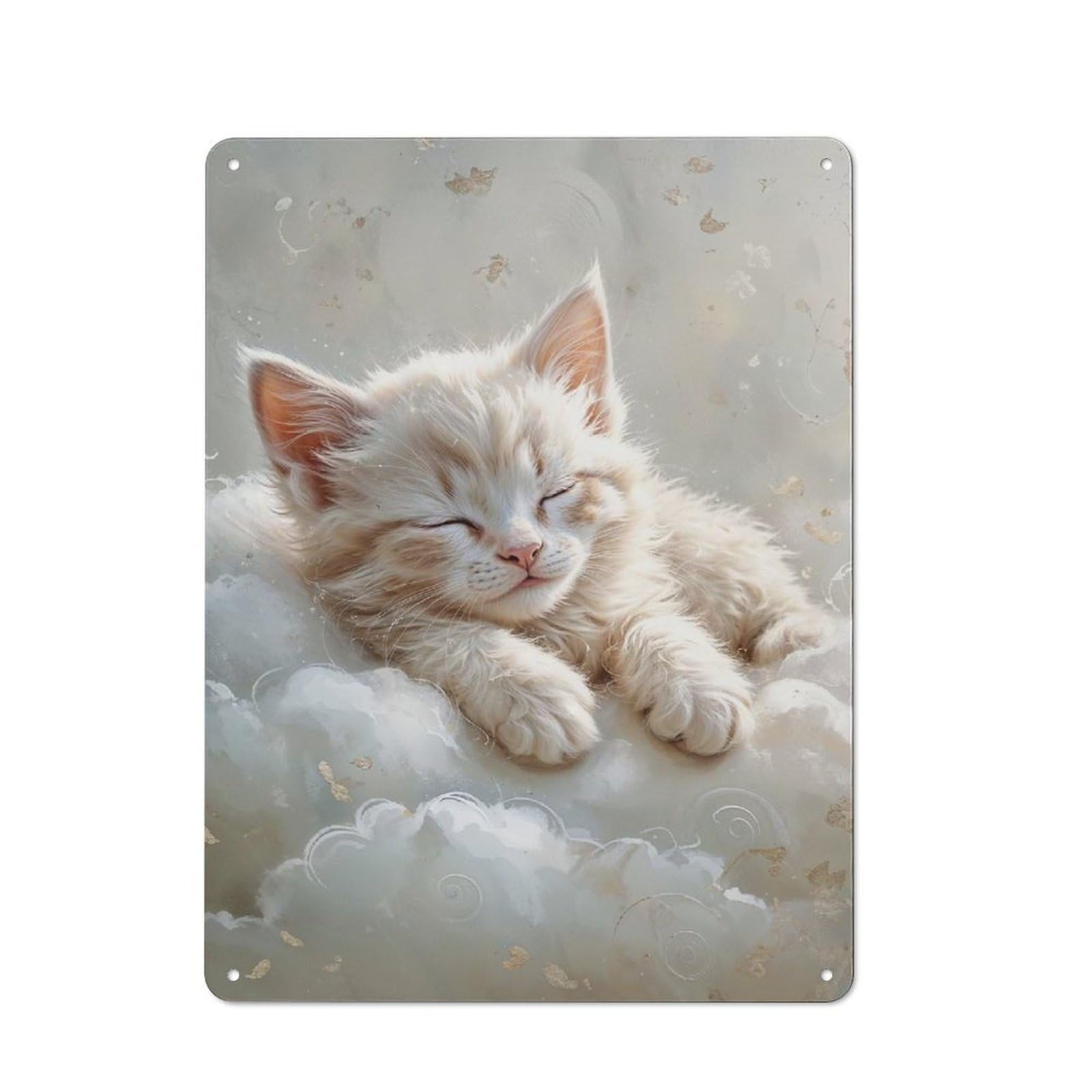 Sleeping White Kitten on Clouds Vintage Metal Plaque 40x30cm for Home Office Or Studio, Seasonal Metal Wall Decor for Winter Interiors