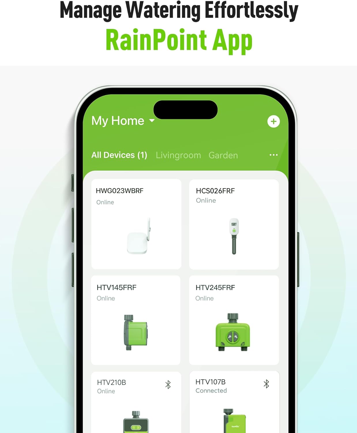 RAINPOINT HOME app interface showing various connected smart watering devices