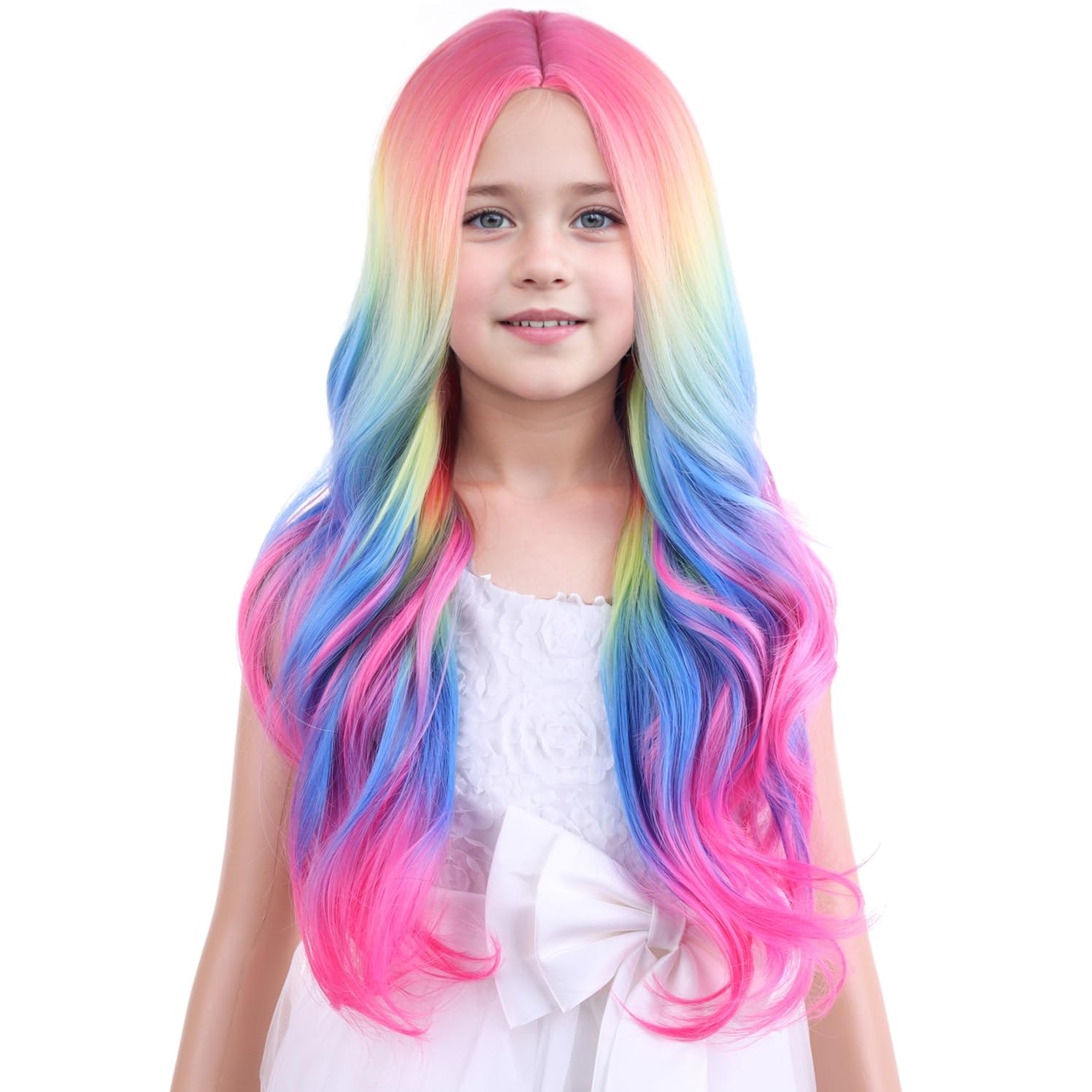 MAGQOO Rainbow Wigs for Kids Fun Wigs Child Long Curly Wavy Colorful Wig Synthetic Heat Resistant Halloween Cosplay Costume Party