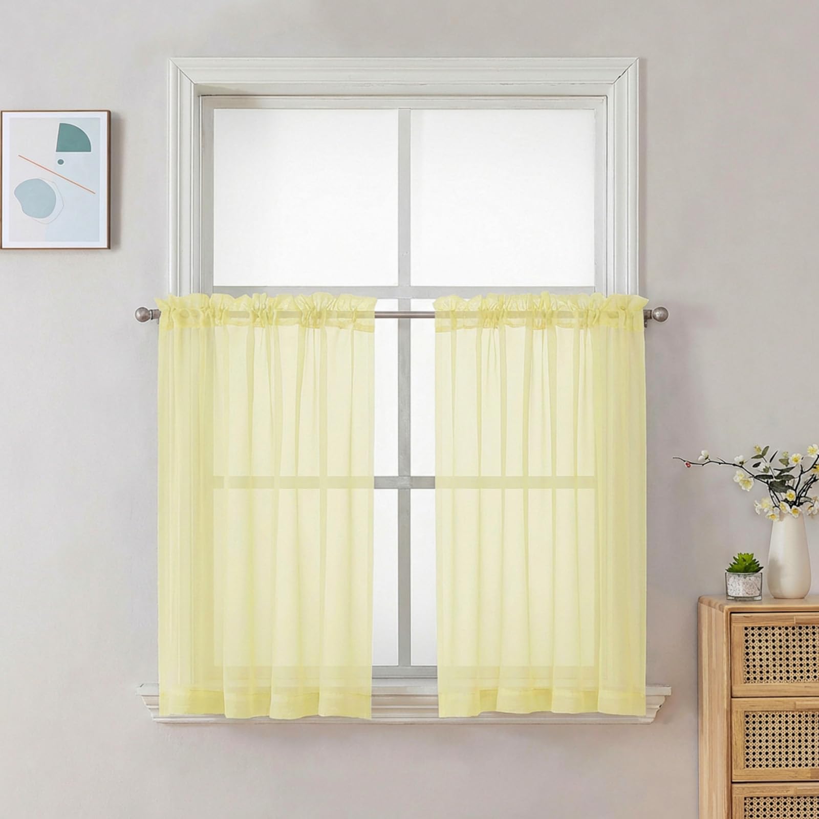 Chyhomenyc Sheer Curtains 36 inch Length 2 Panels Set - Light Filtering Voile Rod Pocket Short Window Curtians for Bathroom Living Room Farmhouse Small Windows, 42Wx36L inches, Light Yellow