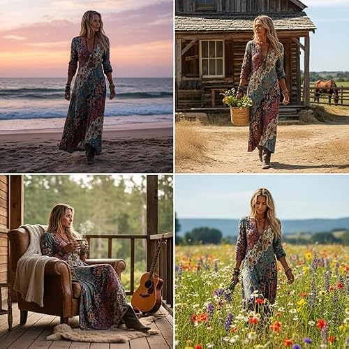 Womens Fall Boho Dresses Flowy Floral Western Maxi Dress — view 3