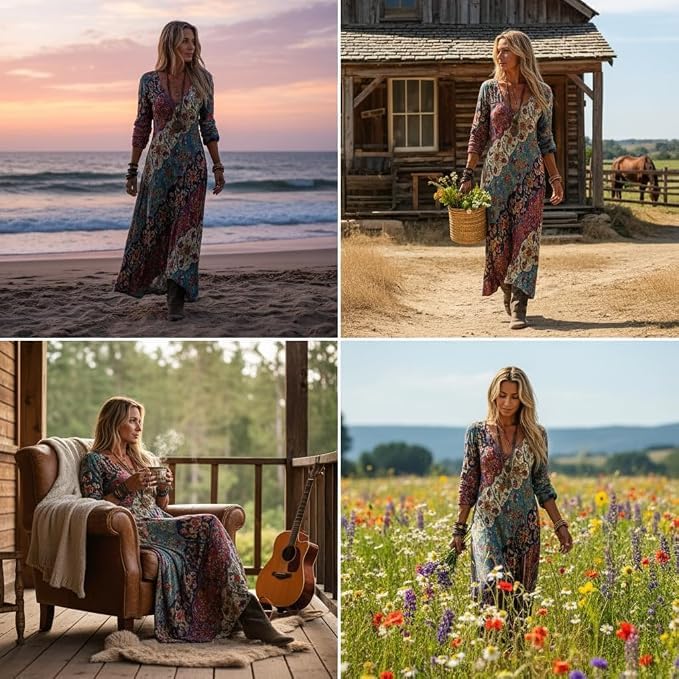 Womens Fall Boho Dresses Flowy Floral Western Maxi Dress - image 3