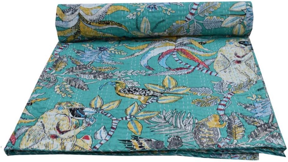 The Harry Creations Unique Floral Decor Cotton Blanket Handcrafted Bed Kantha Monkey Print Art Art Bohemian Coverlet Handmade Bedding Quilt (Emerald Green, King 90" x 108")