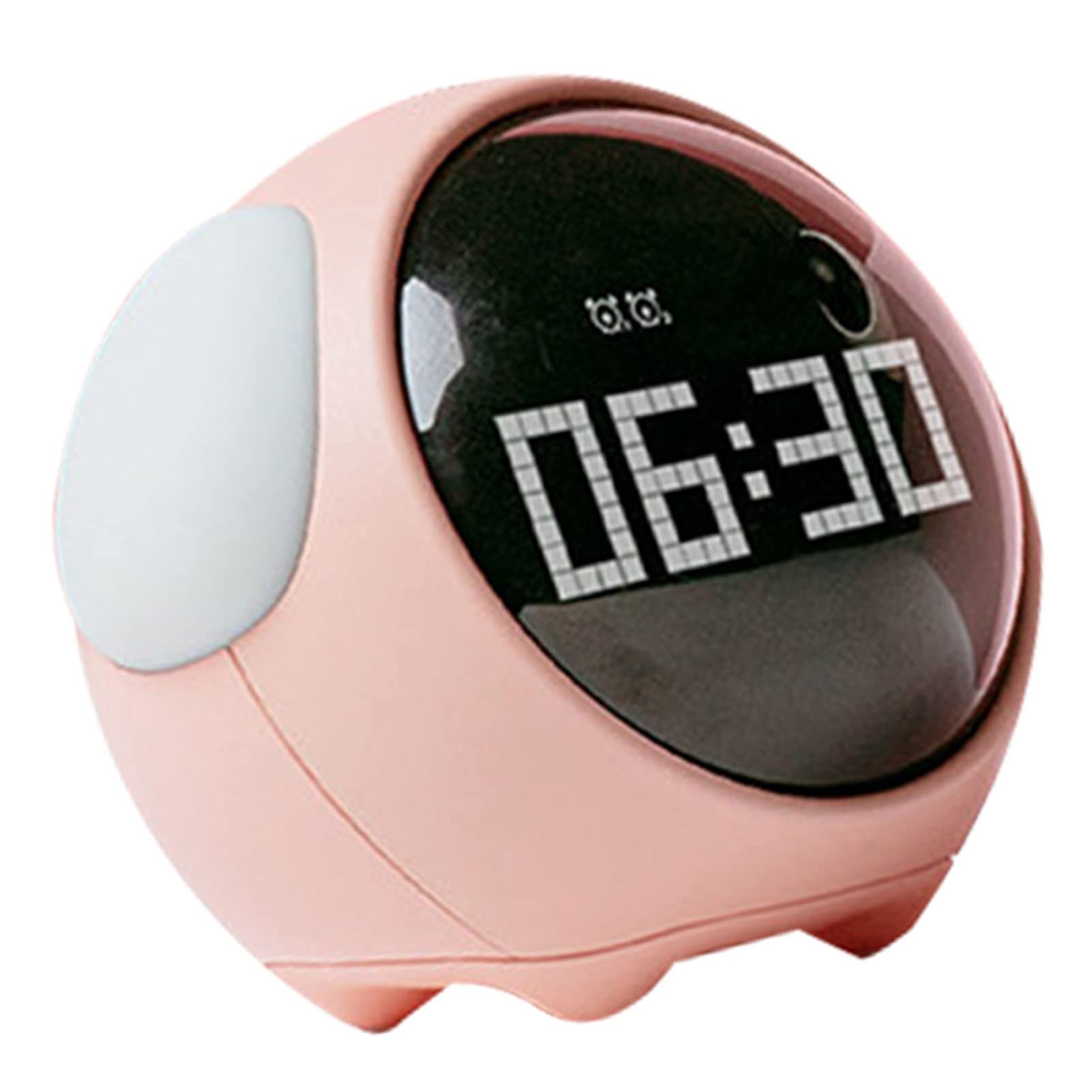 Atyhao Expression Clock, pink, displaying 06:30, with a soft glow from its side light, resting on a bedside table.