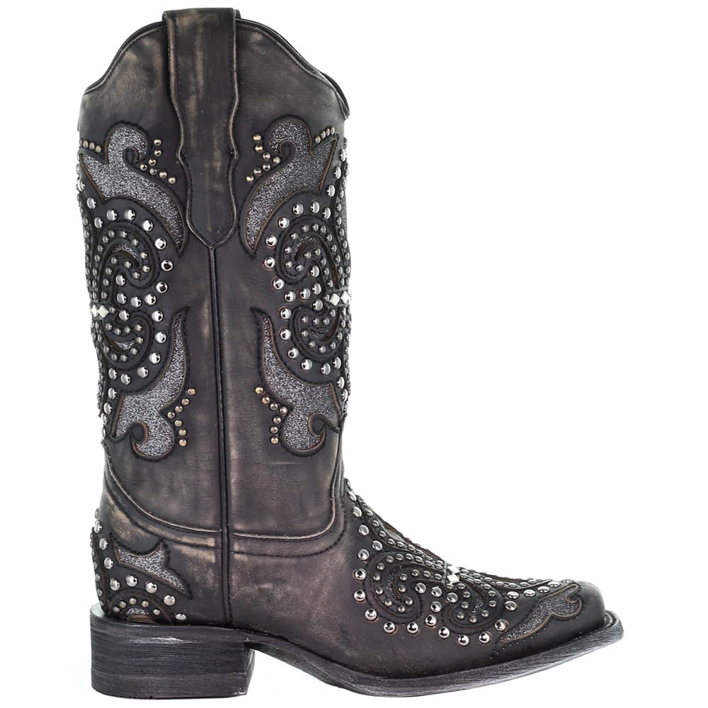 Corral Boots Womens Glitter Studded Tooled Inlay Snip Toe Dress Boots Mid Calf Low Heel 1-2" - Black