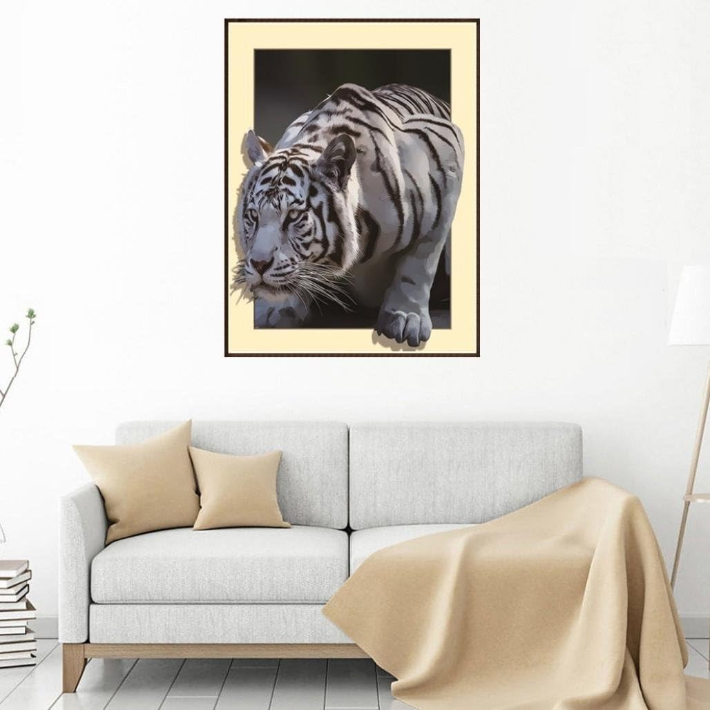 3D White Tiger Modern Art Embroidery Paintings No Fading 5D Canvas Rhinestone Pasted Pasted DIY Diamond Cross Stitch Home Wall Decor for Bedroom Living Room,18x14 Inch,Multicolor A