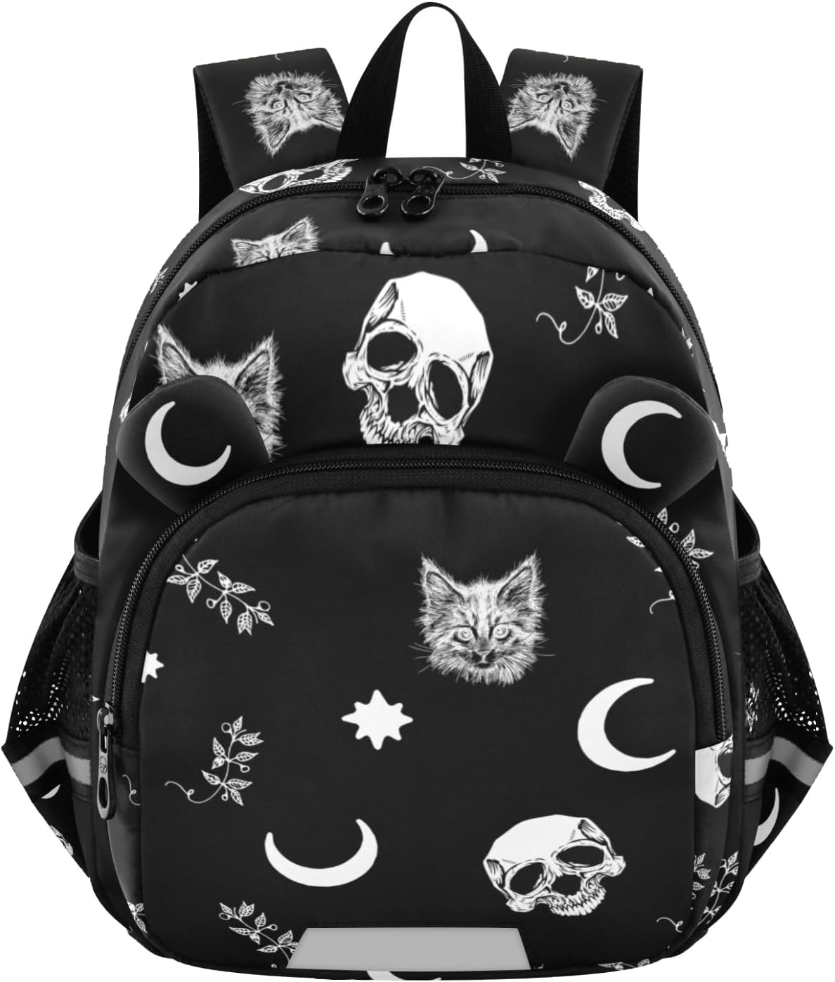 Gothic Skull Cat Moon Kids Backpack with Ears Reflective Strip for Boys Girls Elementary School Bag Removable Chest Strap