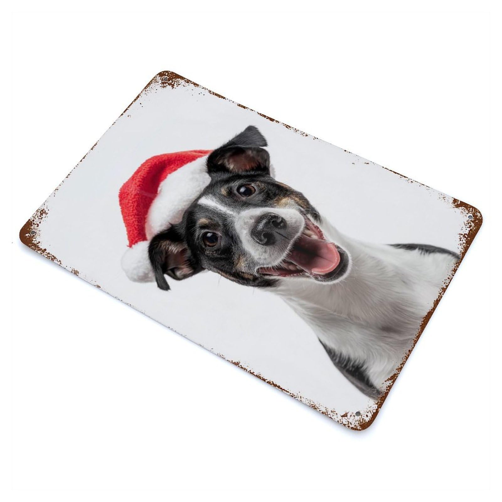 Smooth Fox Terrier Dog with Santa Hat Portrait 11.8"x7.9" Vintage Rust Metal Sign, Shabby Chic Decor for Garage, Bar And Workshop Decor