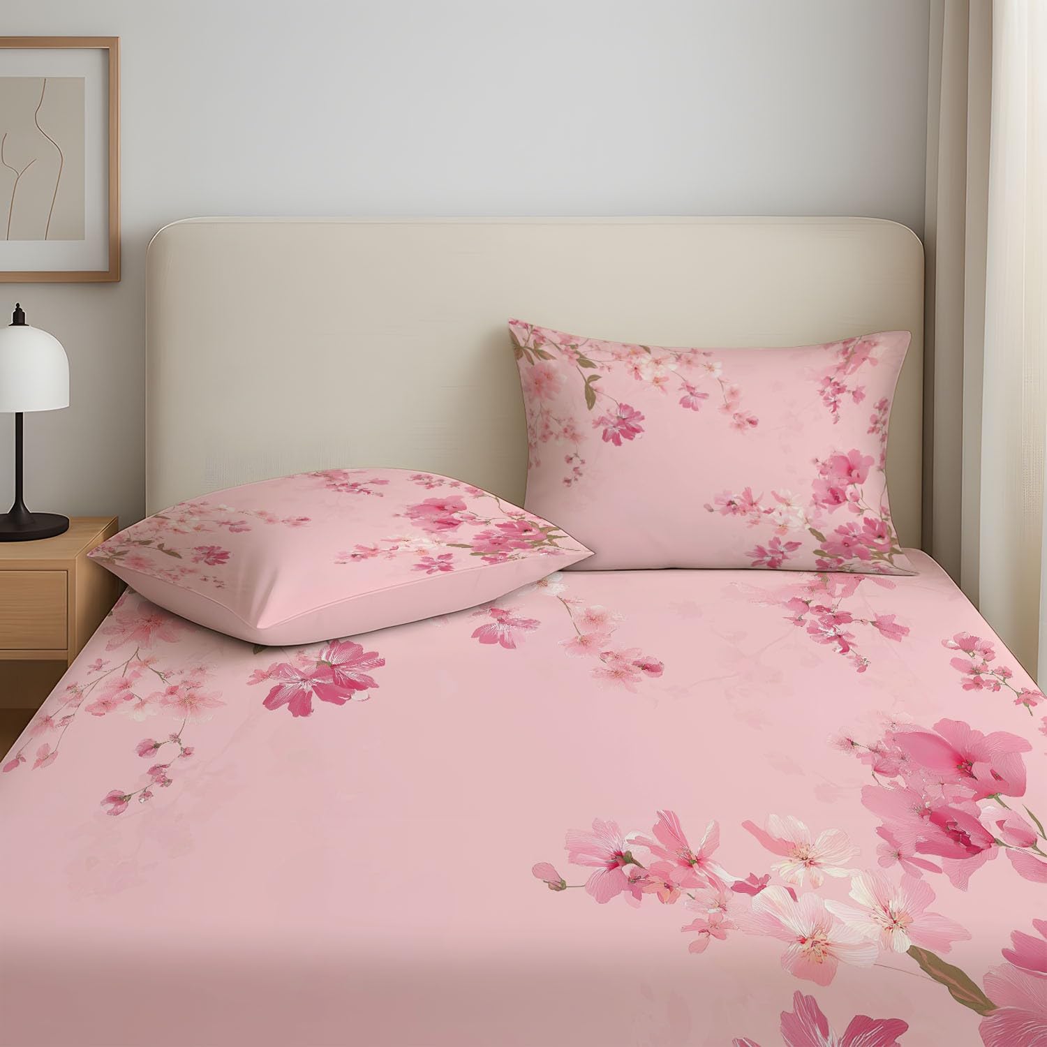 Sabana Bajera 200 x 200 cm 3 Piezas + 2 Fundas 50 x 75 cm, Se Adapta a Colchones de hasta 30 cm, Microfibra Suave, Transpirable, Antiarrugas, Rosa, Minimalista Elegante Floral