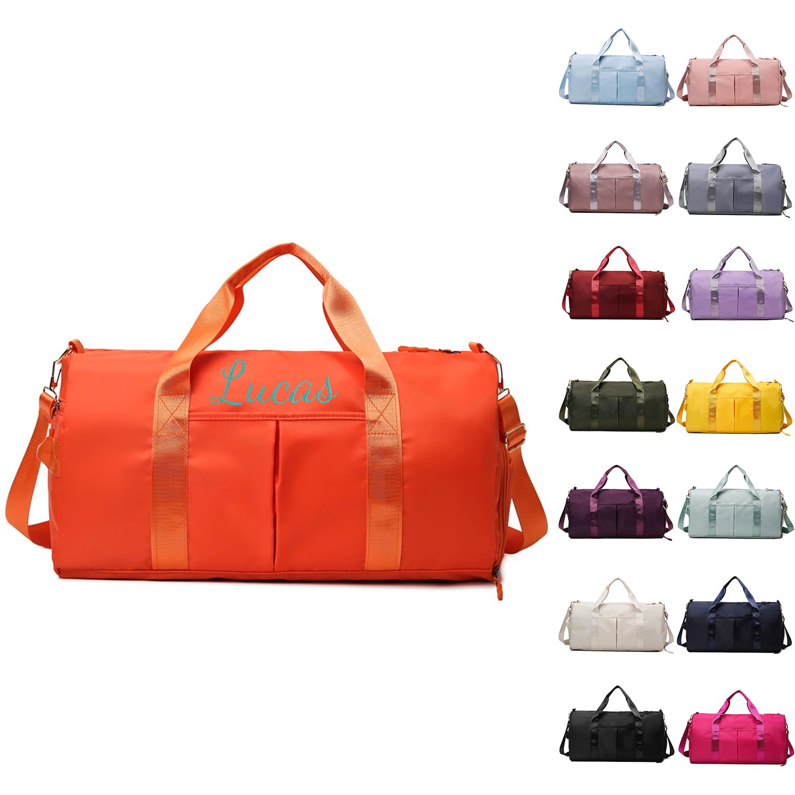 Personalized Gym Bag, Embroidered Travel Duffle With Trolley Sleeve, Waterproof Sports Bag With Shoe Compartment for Women, Weekender Overnight for Hospital and Swimming (Orange)