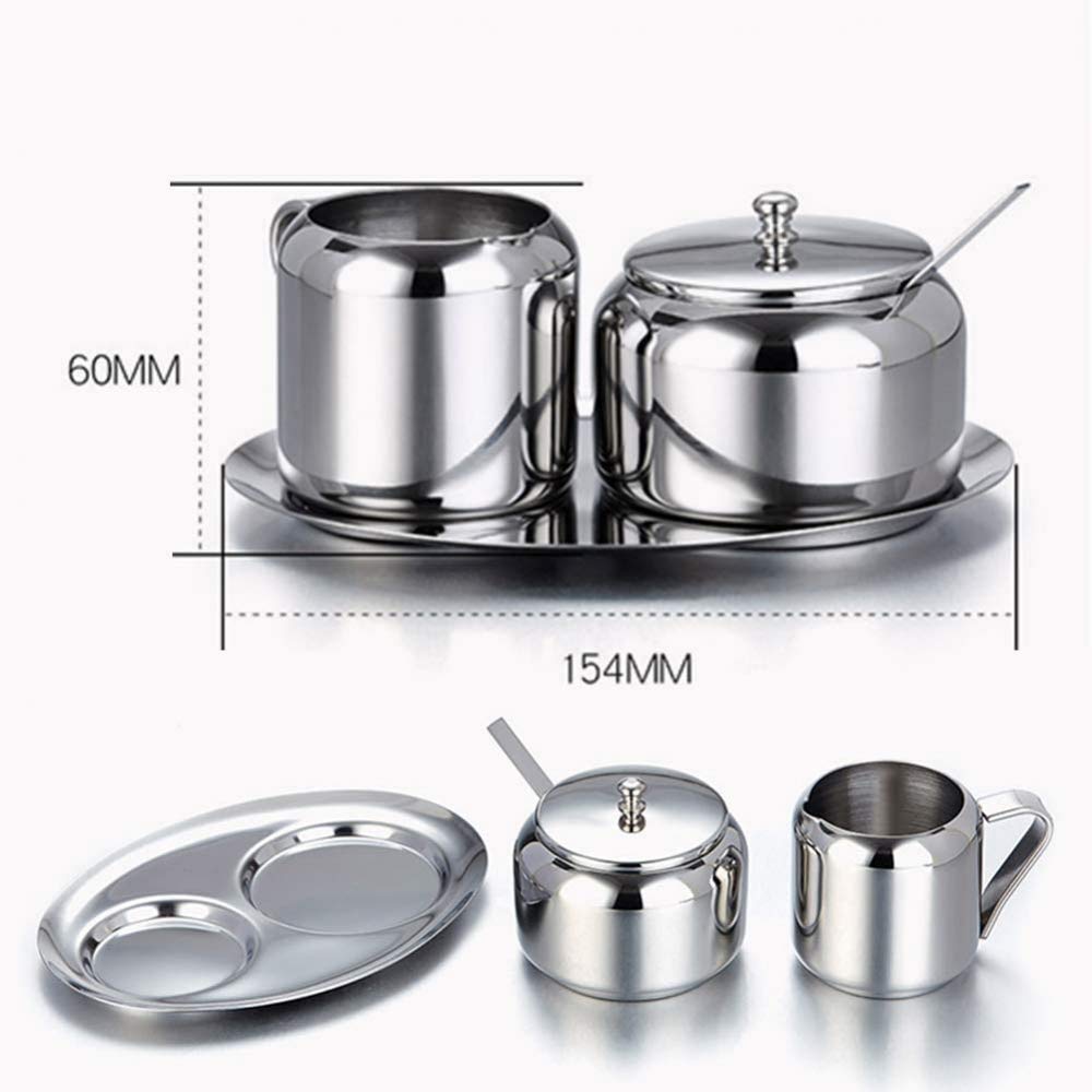 Azucarero de acero inoxidable con juego de leche y azúcar, tarro de azúcar pequeño con cuchara para el hogar, la cocina, el hotel y las cafeterías, 3 partes, plateado