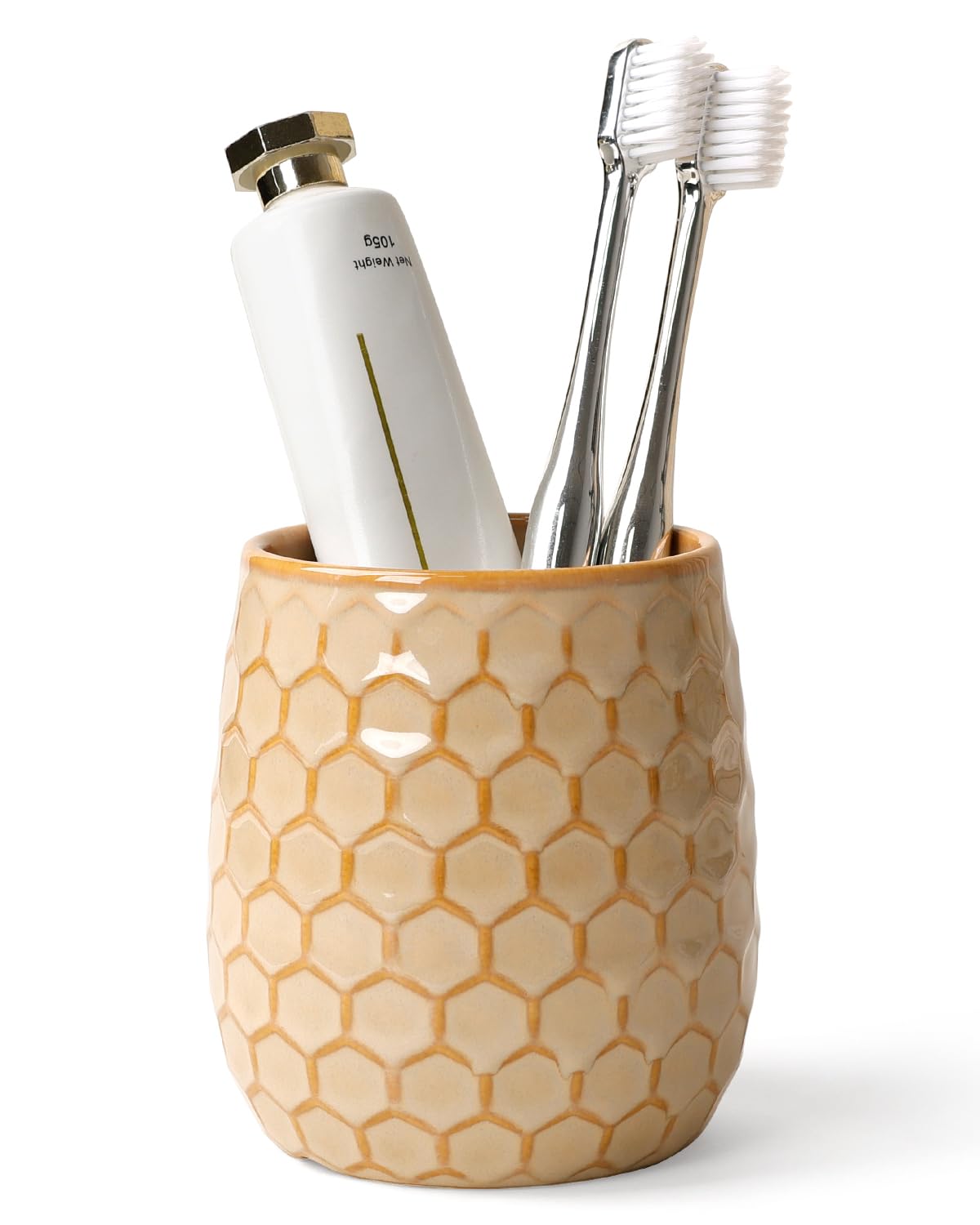 ANTIS'S HOME Ceramic Honeycomb Toothbrush Holder Cup, 400ml Beige Tumbler for Toothbrush, Toothpaste & Makeup Brushes – Modern Reusable Bathroom Organizer for Countertop & Vanity, 3.62" × 3.93"