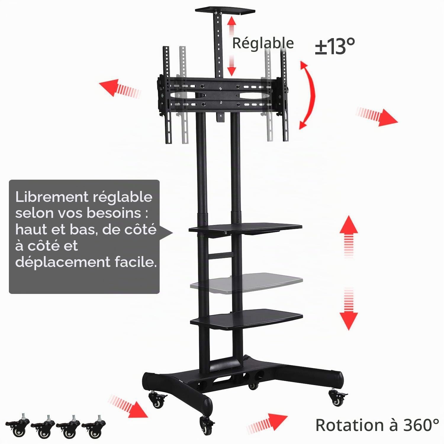 Yaheetech Support TV sur Pied Meuble TV Pied Universel Mobile avec 3 Etagères, Support à 2 Barre, Hauteur Réglable pour 32 à 75 Pouce écrans/LCD/LED/Plasma Max VESA 600x400 mm