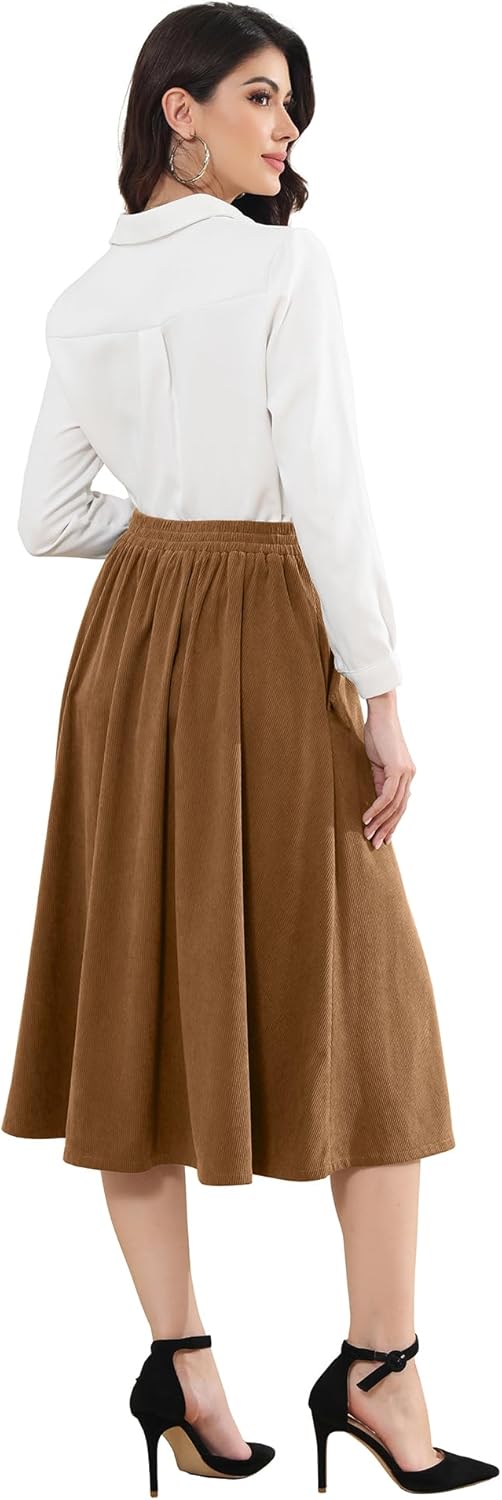 Womens Corduroy Skirts Vintage High Waist Button Long Pleated Skirts A-line Midi Skirt with Pockets Fall Winter - Image 4