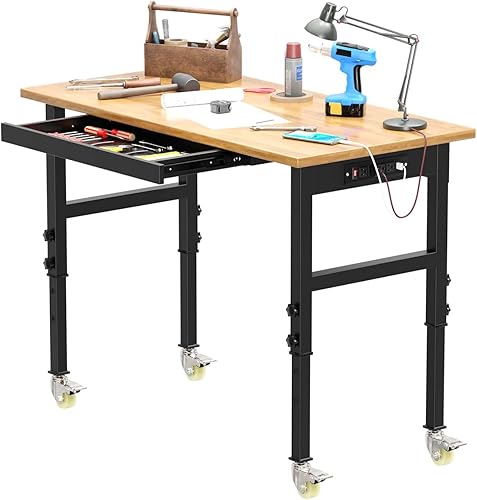 Banco de trabajo ajustable de 48 pulgadas, estación de trabajo resistente con parte superior de madera de goma, capacidad de carga de 2000 libras,