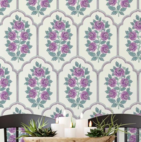 Papel tapiz extraíble morado con vinilo autoadhesivo de pared floral 2