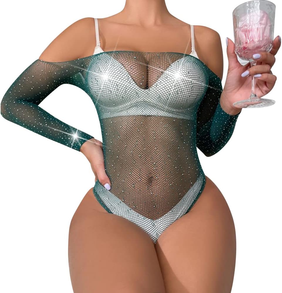 IBAKOM Women Sheer Mesh Bodysuit Sexy Sparkly Glitter Rhinestone Fishnet Teddy Lingerie Jumpsuit Leotard Top