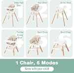 BABY JOY Baby Chaise haute, 6 en 1 Chaise haute convertible en bois pour bébés & Les tout-petits avec des jambes réglables, un bac double amovible, Harnais de sécurité & imperméable PU Coussin (Beige)
