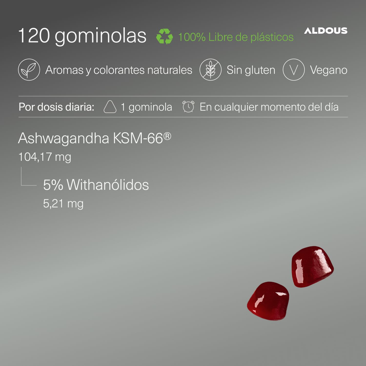 Ashwagandha Gominolas - 120 Gummies sabor Cereza - Ashwagandha KSM-66 - Withania Somnífera - Relajación Natural y Bienestar - Energía y Vitalidad - Para los amantes de las gominolas - ALDOUS