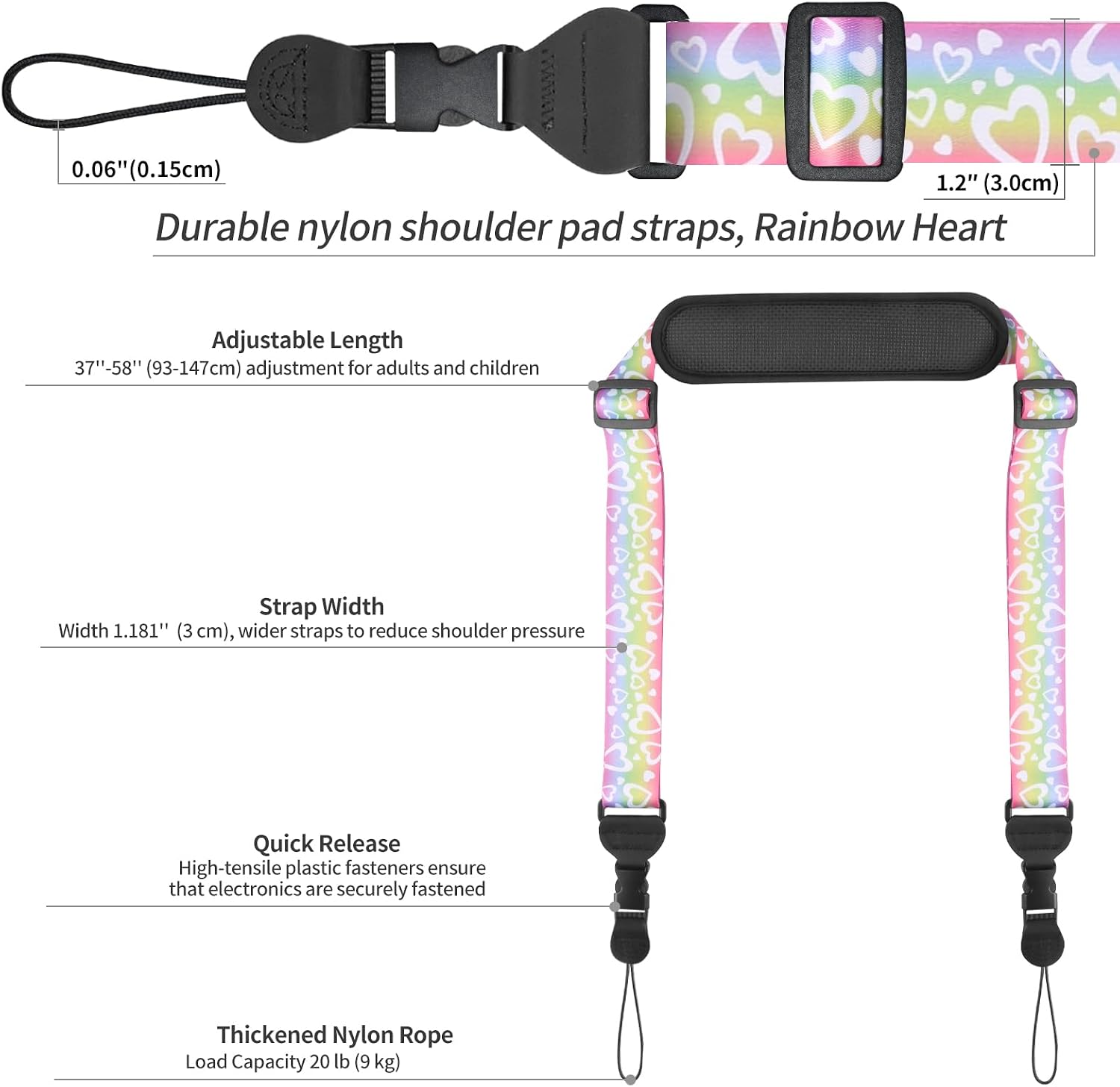FIEIL Universal Shoulder Strap, Neoprene Padded Bag Strap with Double Adjustable Buckles, Comfortable Neck Lanyard for Camera, Cellphone Tablet,iPad, Laptop, Binocular, Luggage Bag(Rainbow Heart)