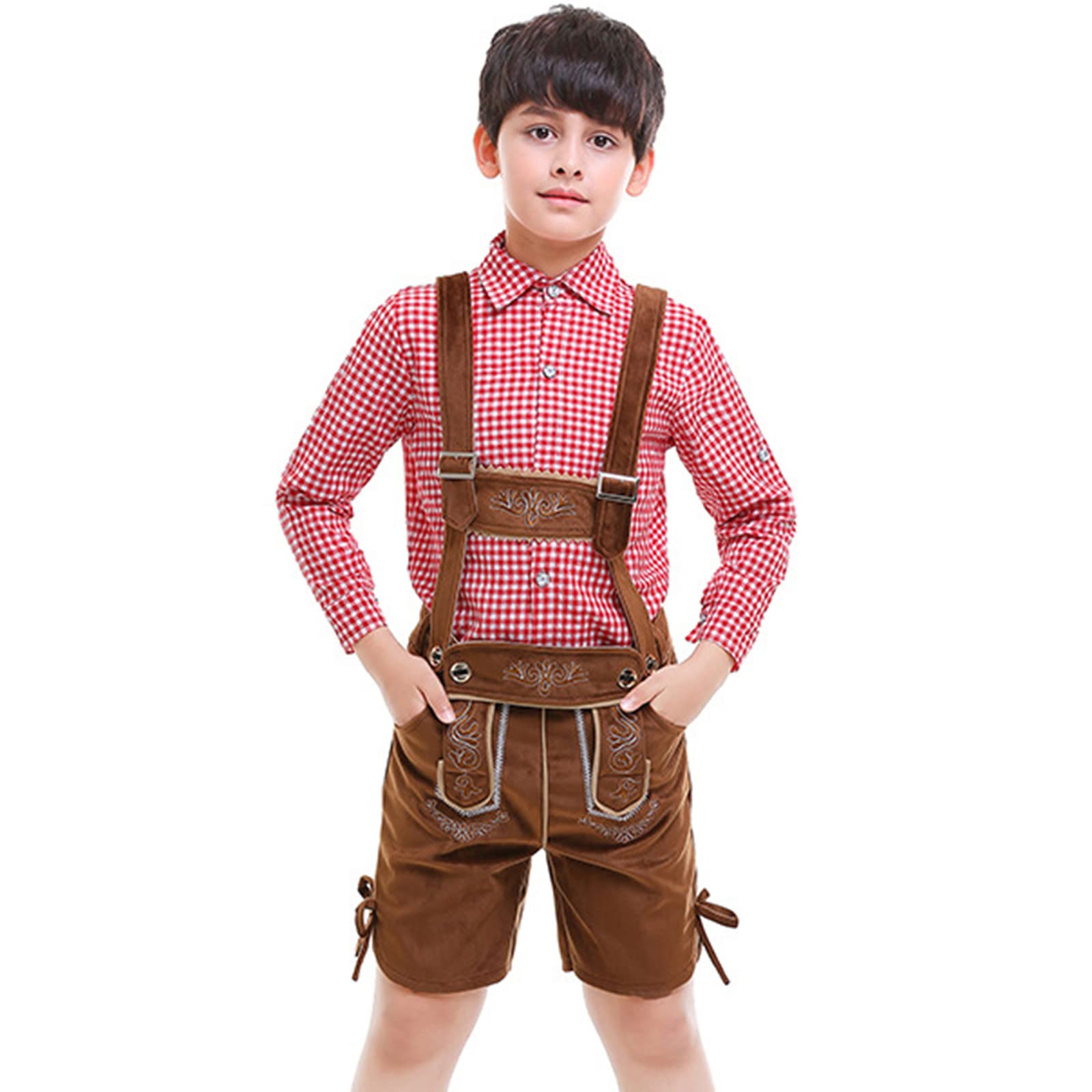 Kinder Trachten Lederhose Jungen Mädchen Kurze Trachtenhose Mit Kariert Trachtenhemd Und Trachtensocken Trachten Arbeitshosen Baumwolle Cosplay Outfit Für Oktoberfest Trachtenhose Lederhose Jungen