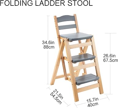 Folding Kitchen Step Stool, 3-Step Ladder, Gray, Solid Pine Wood, Anti-Slip, Foldable, Portable