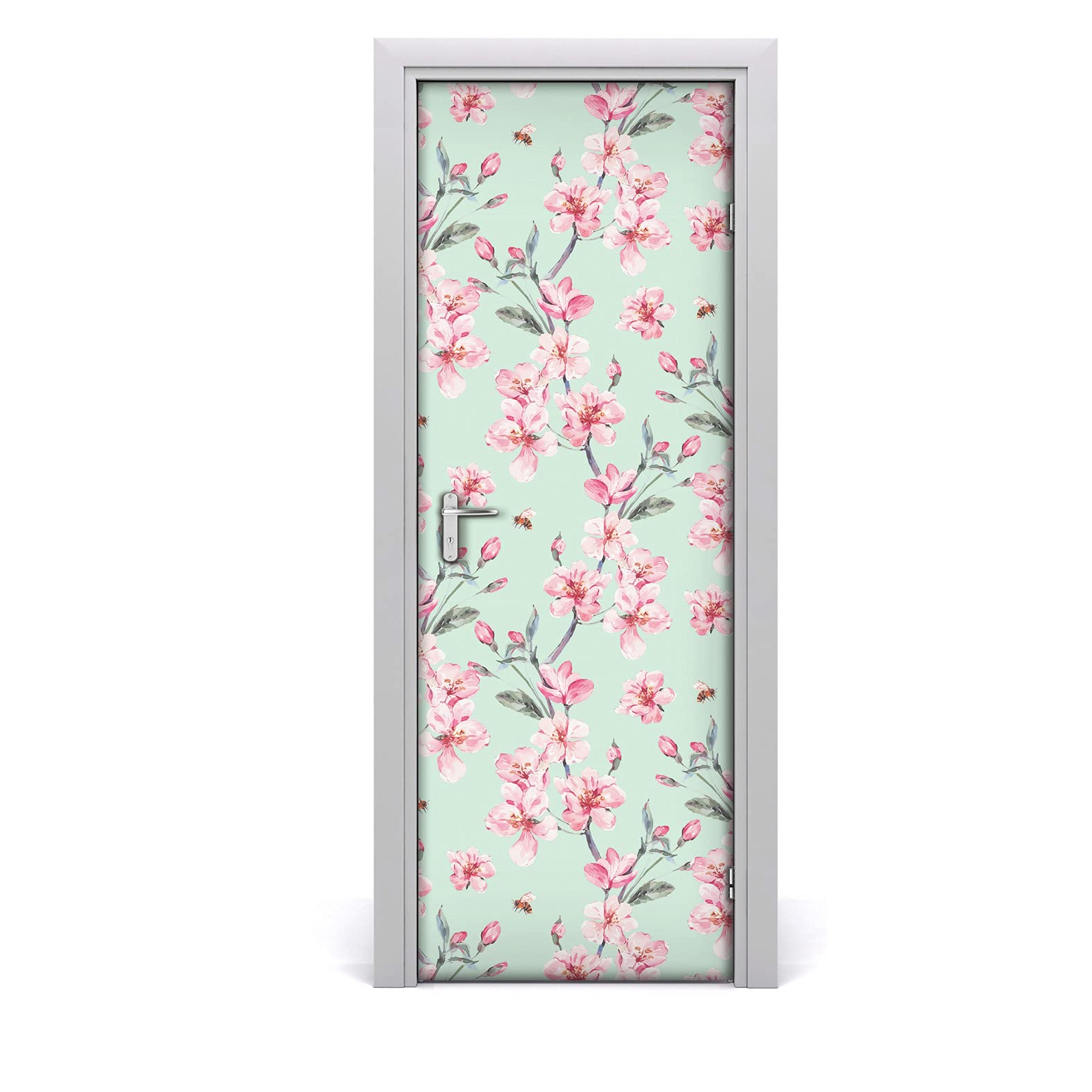 Vinilo para puerta 70x200 cm de flores de Japón y rama de árbol oriental autoadhesivo