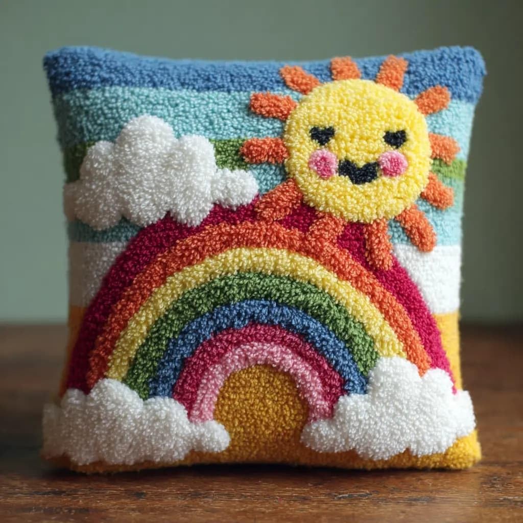 Wallustrioaw Multicolor Latch Hook Cushion Kit,Smiling Sun Knitting Kits Cushion,43X43cm Rug Making Kit For Starters, Latch Hook Kits For Beginners Adults
