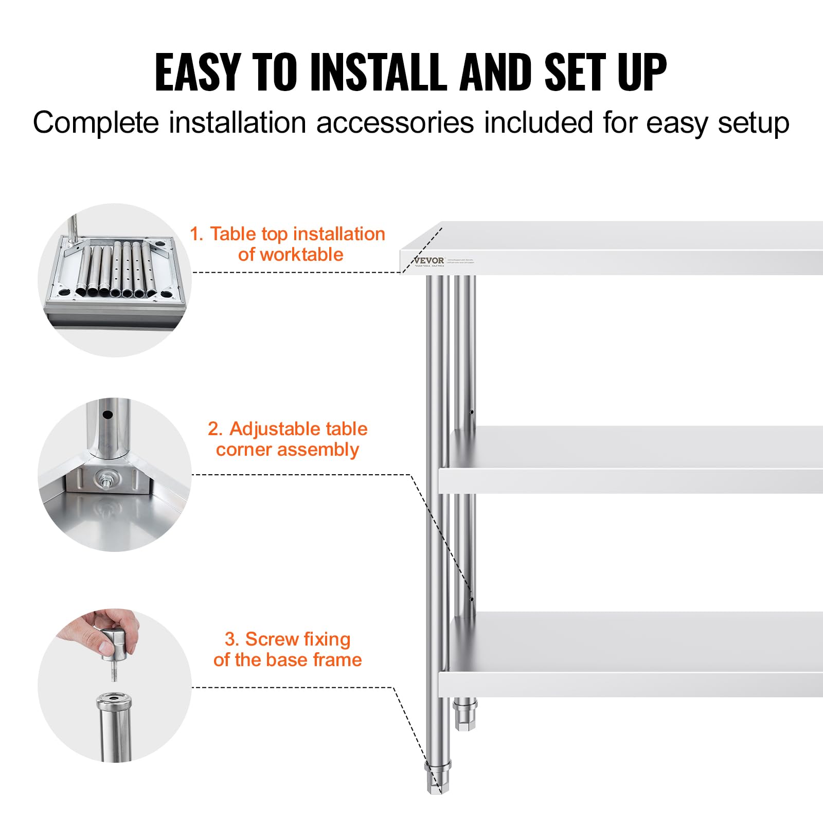 VEVOR Mesa de Preparación de Alimentos 356x1219x864 mm de Acero Inoxidable Con 2 Estantes Inferiores Ajustables para Parrilla, Cocina, Hogar
