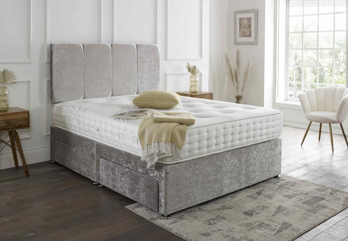 SANA SLEEP Designer Premium Fabric Divan Bed Set With Open Coil Spring Memory Foam Mattress, No Storage and Matching Headboard 3FT Single - Champagne Cruhsed Velvet