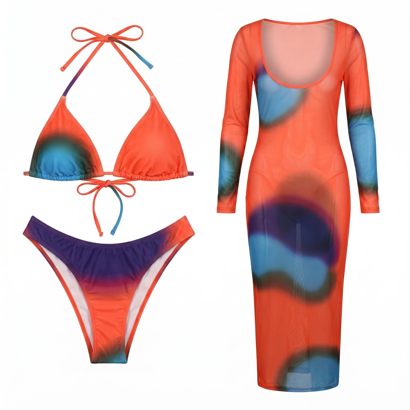 Women's Ombre Bikini Set with Mesh Cover-Up Dress, Triangle Top, Nylon-Spandex, Resort Wear Swimwear Co-Ord Multicolour-image-32