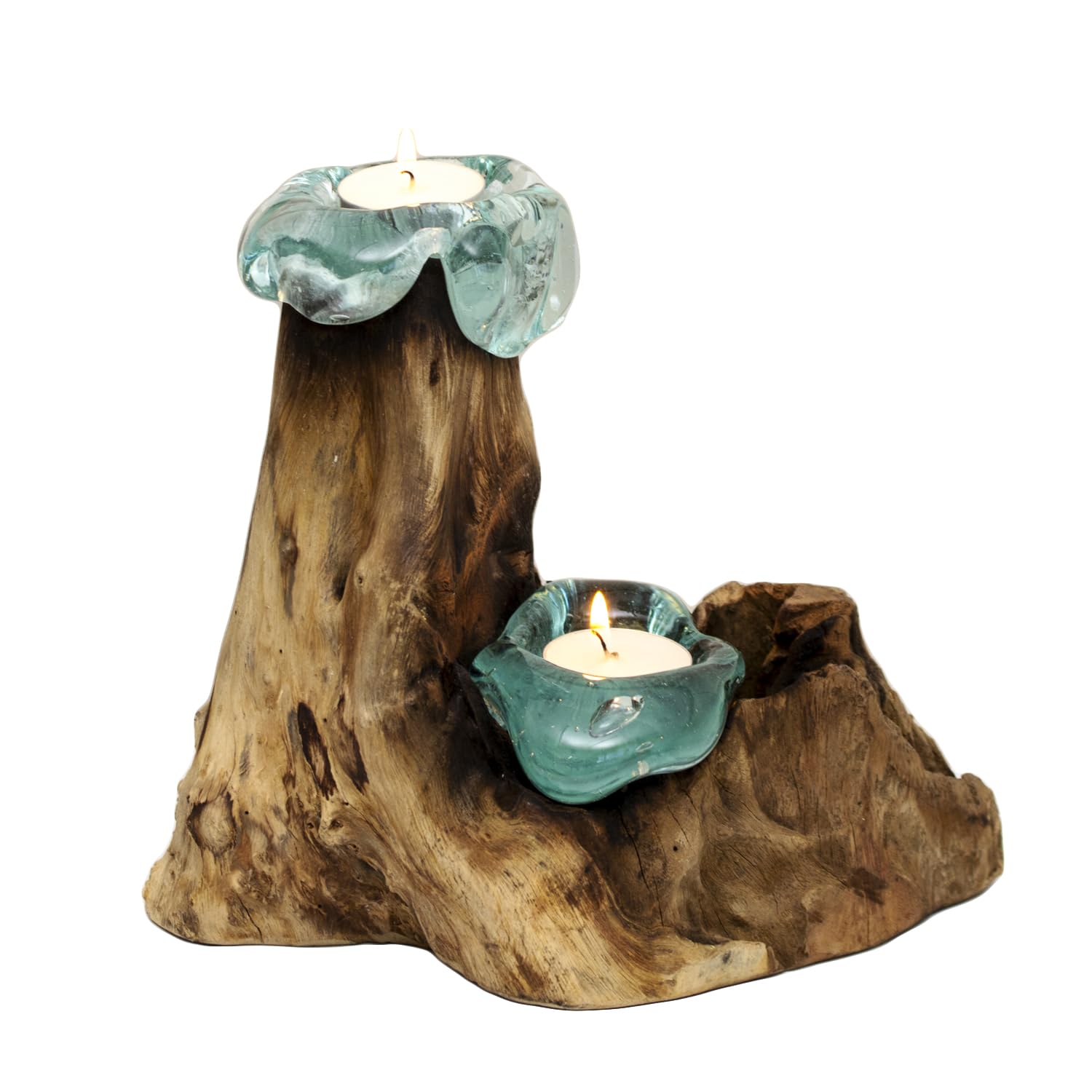 Darthome Brown, Blue Handcrafted Teak Root Double Molten Glass Candle Holder, Blue Recycled Glass On Natural Wood Base, Indoor Decorative Tealight Stand, 24Cm W X 16Cm H