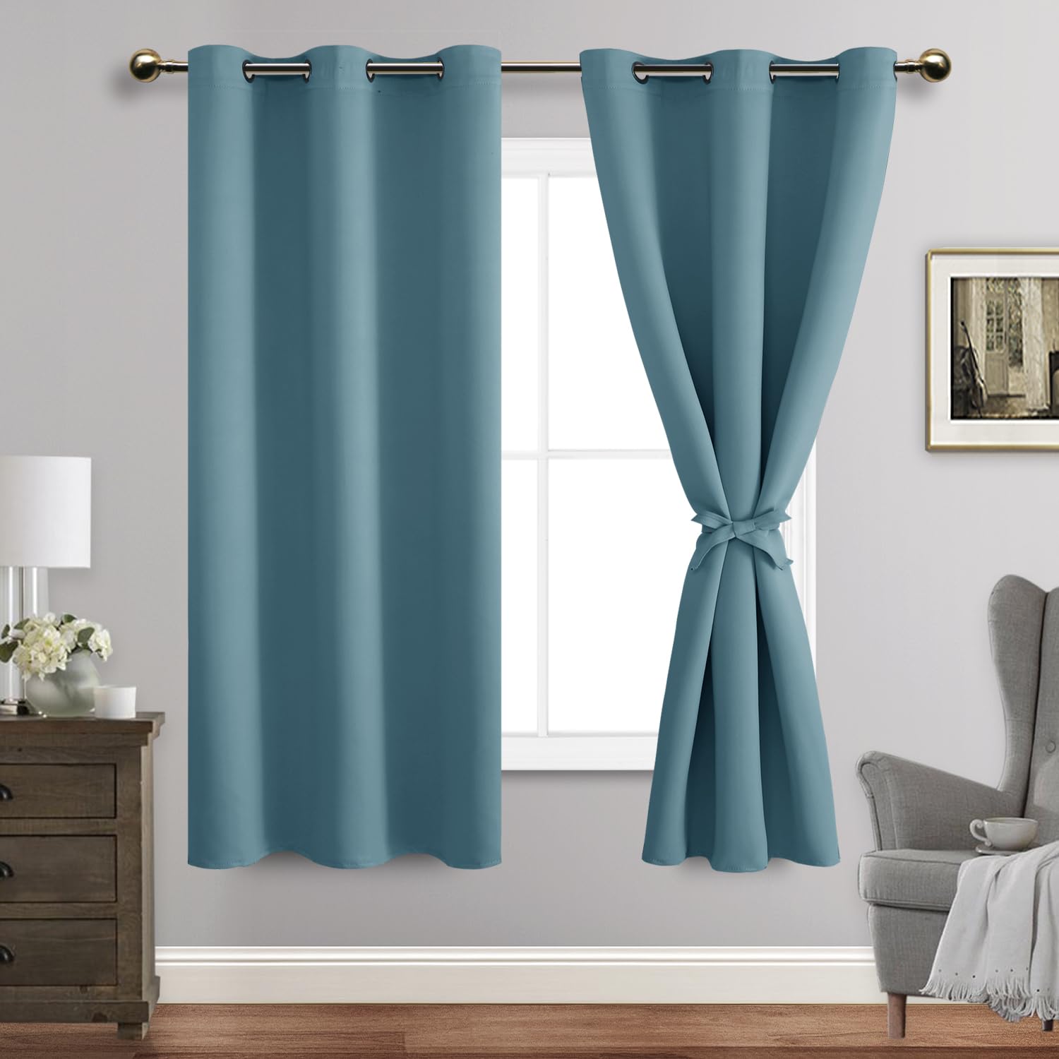 JIUZHEN Stone Blue Blackout Curtains with Tiebacks Thermal Insulated, Light Blocking and Noise Reducing Grommet Curtains for and Living Room, Set of 2 Window Curtain Panels, 42 x 63 Inch Length