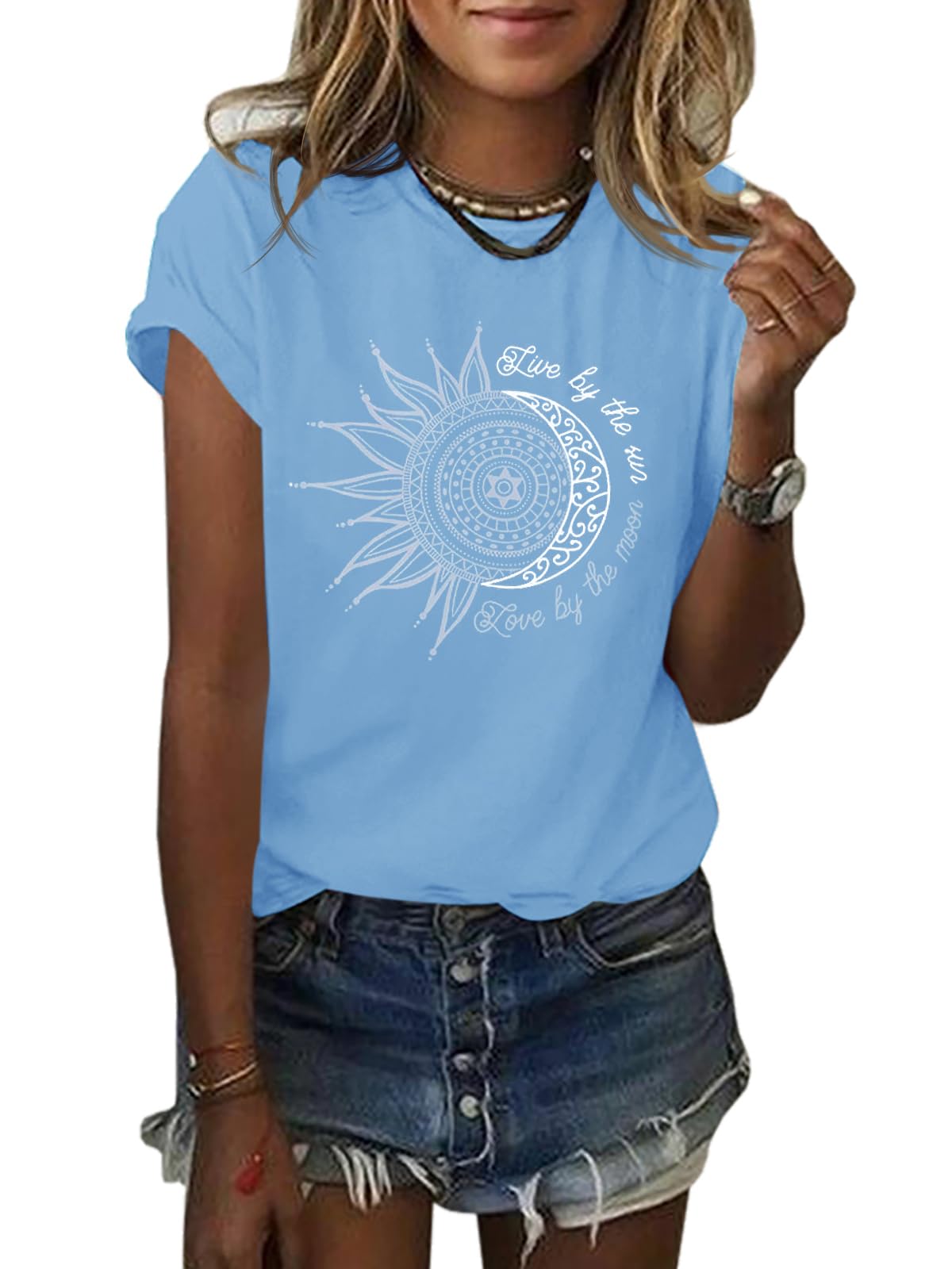 Cicy Bell Tshirt Damen Rundhals Oberteile Sommer Kurzarm Tops Vintage Basic Shirts Bluse.Blau L