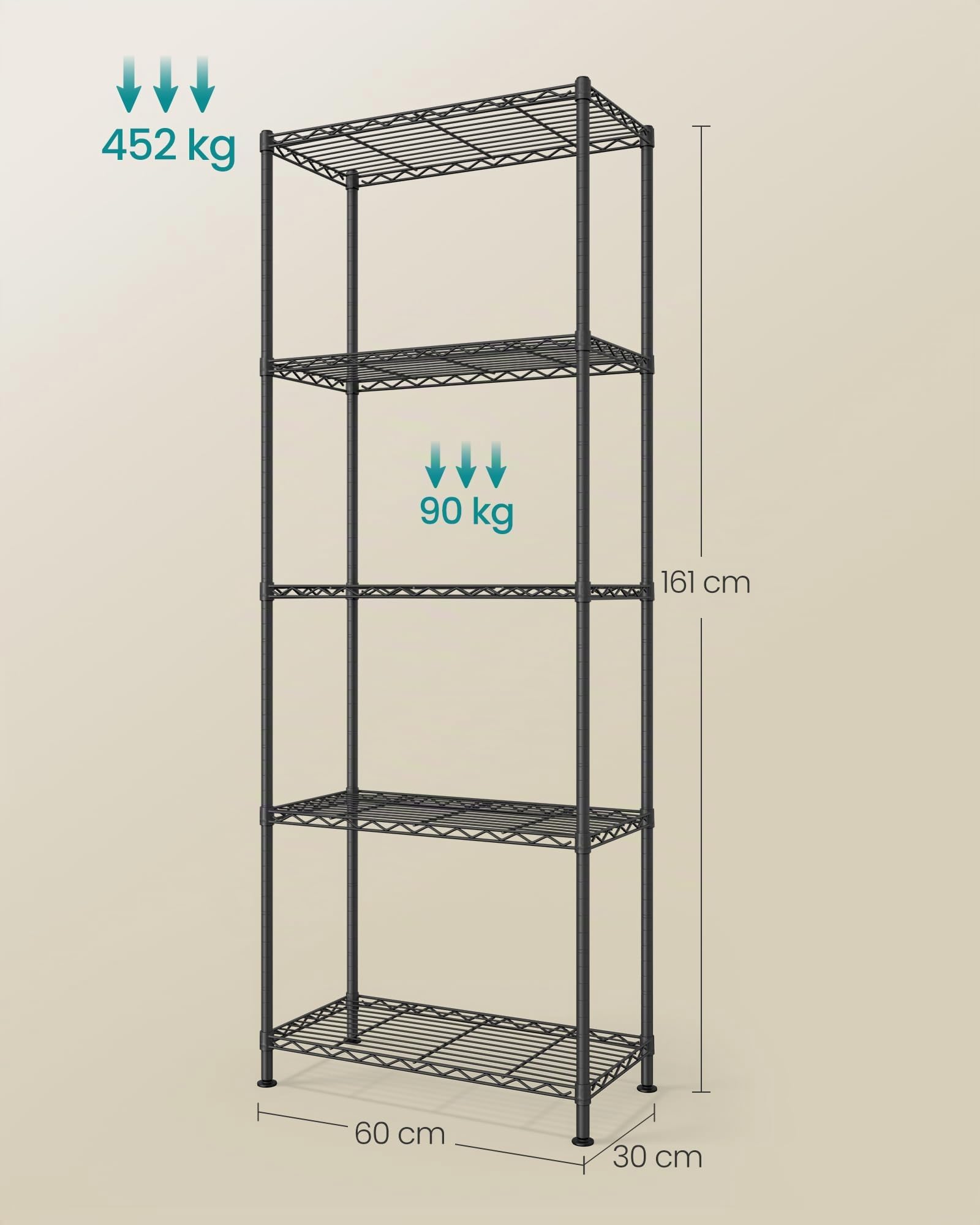 SONGMICS Regal, Metallregal, höhenverstellbare Ablagen, Aufbewahrungsregal, Standregal für Garage Schlafzimmer Wohnzimmer, 5 Ebenen, 30 x 60 x 161 cm, tintenschwarz LGR165BH01