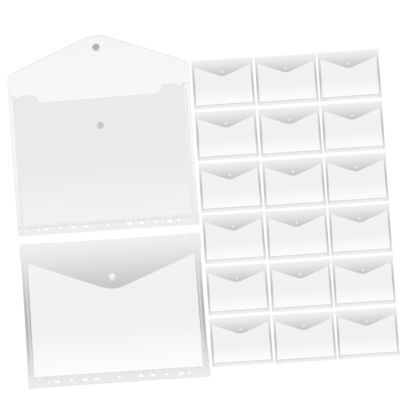 20 pièces Pochettes Transparente pour Classeurs Organiseur Bureau Résistant PP Plastique Fermeture Bouton-pression Rangement Documents Épais et Flexible