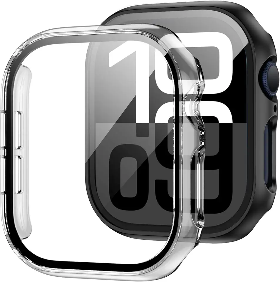 Capa Protetora JZK para Apple Watch 42mm Series 10, com Protetor de Tela de Vidro Temperado, Preto/Transparente