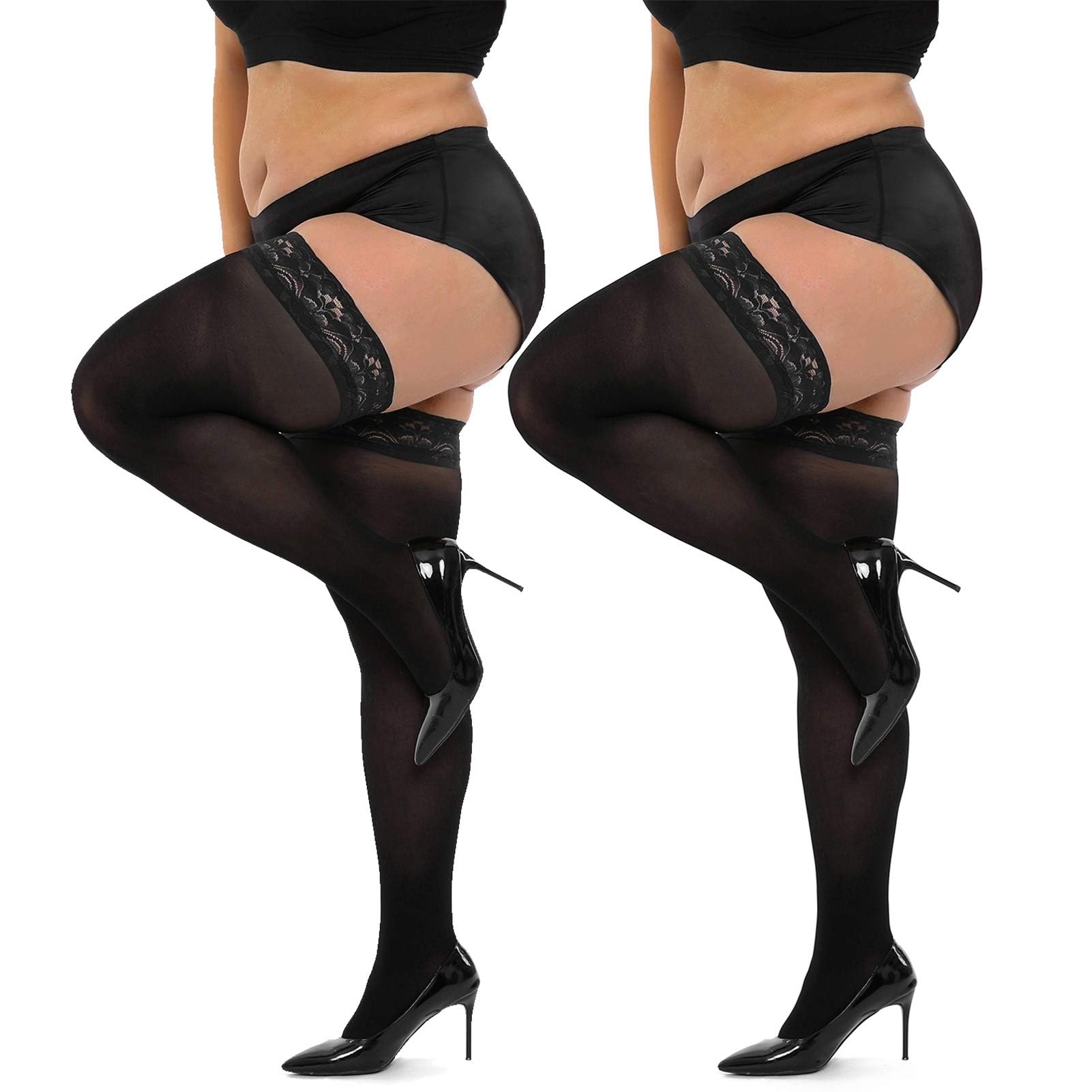 HONENNA Plus Size Hold Up Stockings Semi Sheer Stay Up Lingerie Thigh Highs Lace Top Pantyhose for Women, 2 Pairs Black, 3XL-4XL