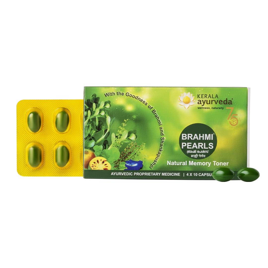 Kerala Ayurveda Brahmi Pearls | Ayurvedic Brain Tonic & Memory Booster with Brahmi for Focus, Mental Clarity & Stress Relief | Ghee-Based Brain Wellness | 40 Capsules