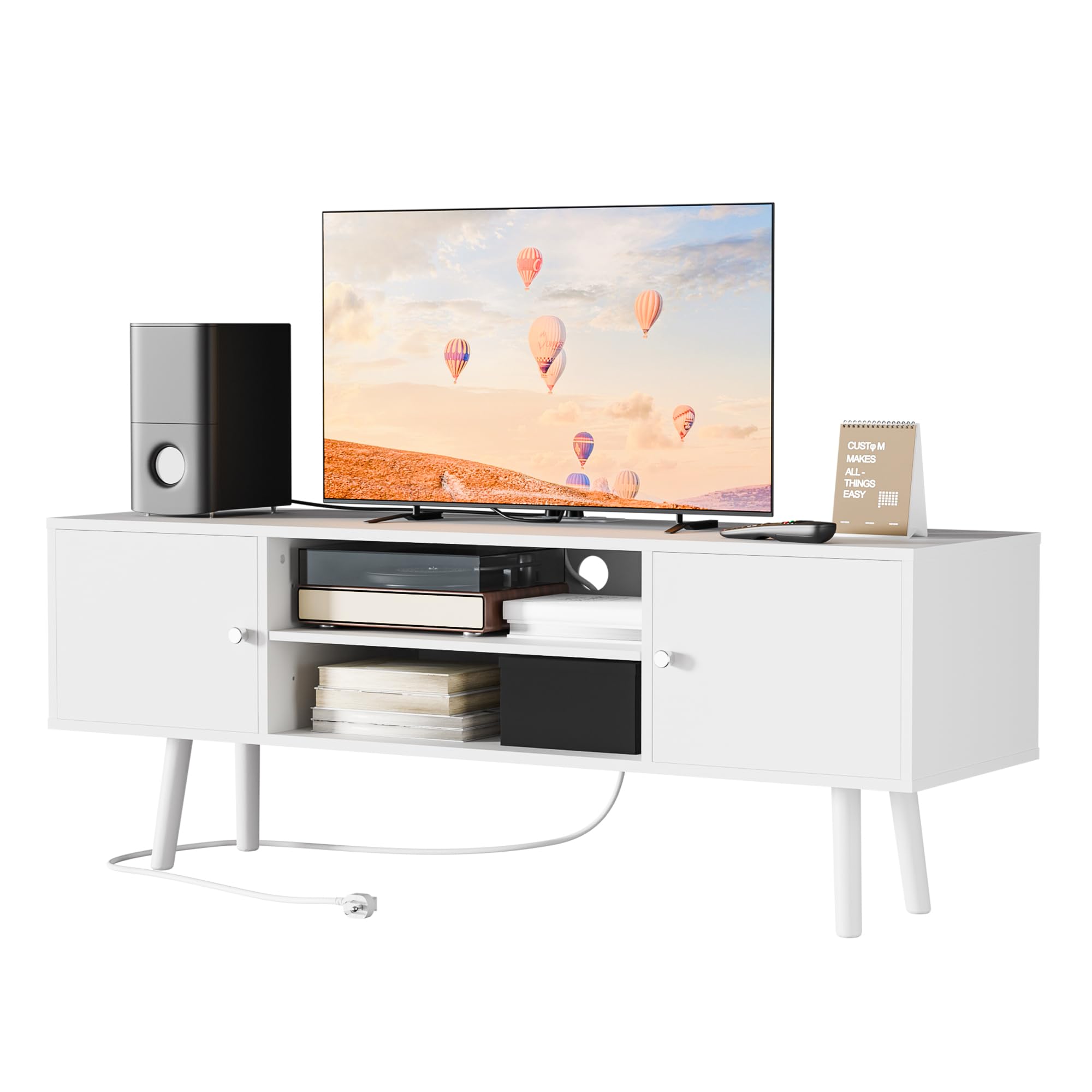 Cozy Castle TV Stand for 48''-55''TV, Mid Century Modern TV Console, Entertainment Center with 2 Storage Cabinets, Adjustable Shelf and Power Outlets