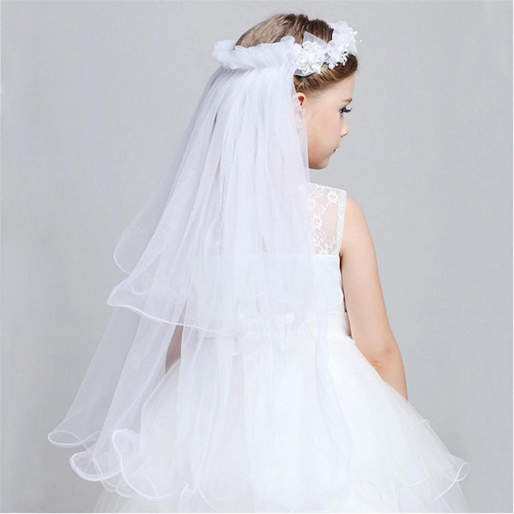 DAMAJI Flower Wreath Girls Veils, Girls' Lace Floral Crown Veil First Holy Communion Veils for Girl (White)