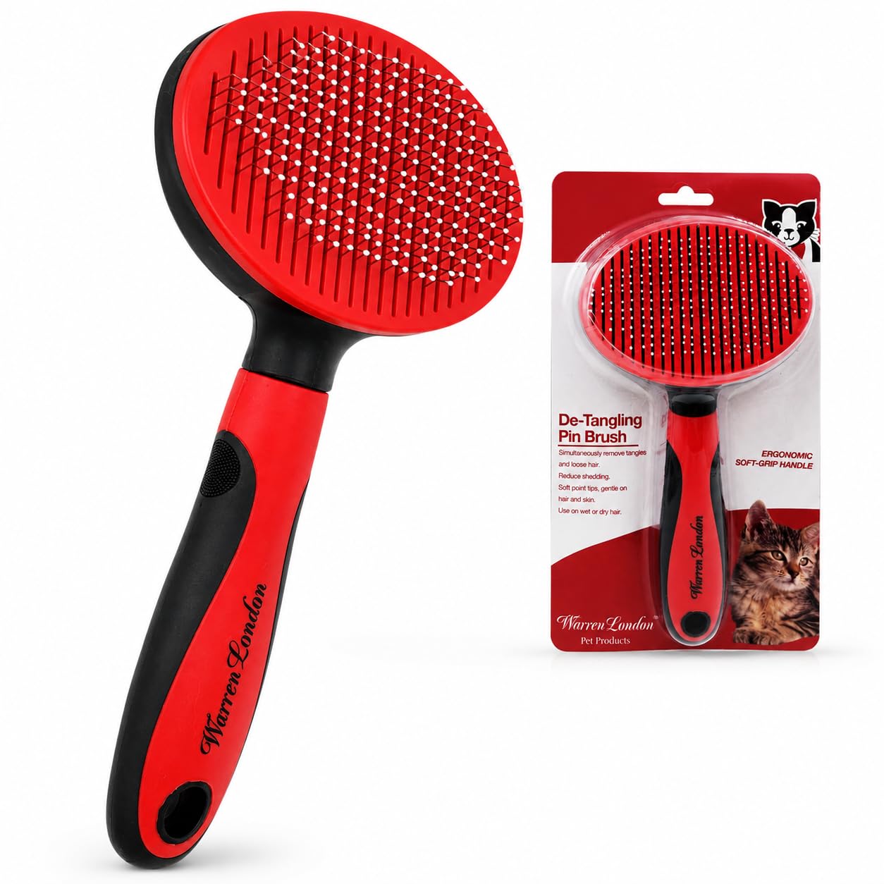 Warren London Brosse démêlante pour chat - Pour le toilettage et la perte de poils - Brosse autonettoyante avec bouton poussoir - Poignée ergonomique - Brosse de toilettage pour chaton et chat