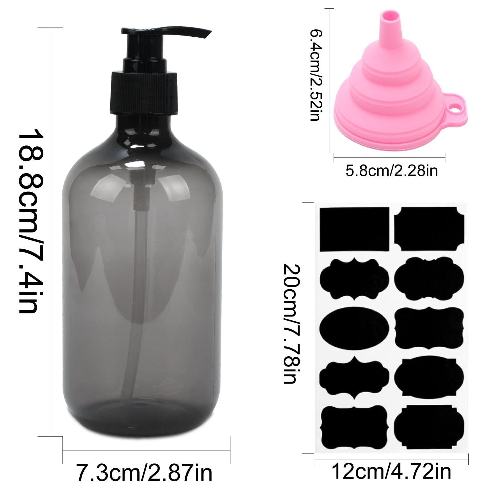 2 Pcs Dispensador Jabon Baño, 500 ML Dispensador Jabon Cocina con Bomba, Botes para Gel y Champu Ducha, Dispensador de Jabón Líquido para Cocina y Baño Champúcon Embudo y Etiquetas (Gris) — view 2