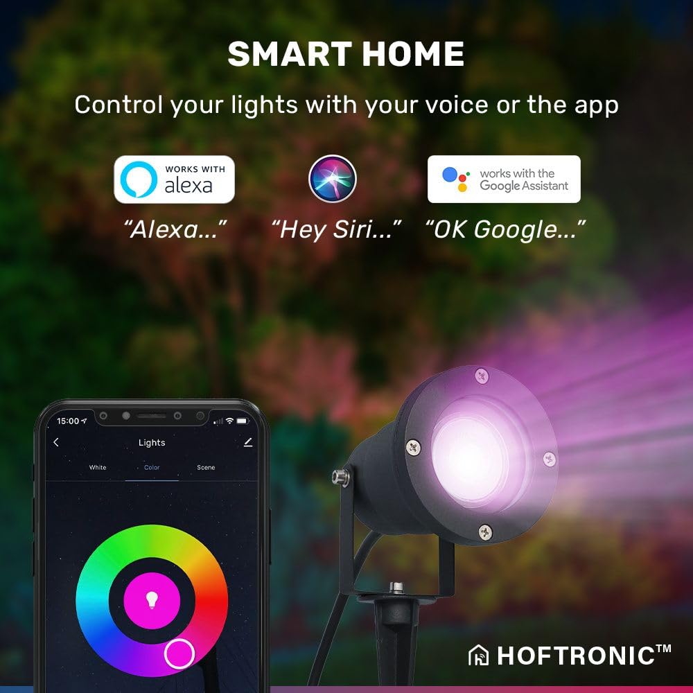 HOFTRONIC 3er Sydney - RGBWW LED Strahler mit Erdspieß - 1,5M kabel mit Stecker - WiFi+Bluetooth - 16,5 Millionen Farben - Steuerbar über Ihr Smartphone oder Alexa & Google Home