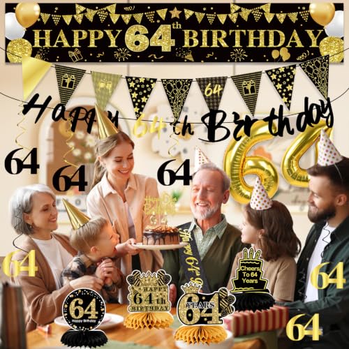 Image of 64th Birthday Decorations for Men, Black Gold 64th Party Decoration Kits | 27pcs Happy 64th Birthday Set, Banner, Honeycomb, Balloons, Gold Number, Candle, Hanging Swirls, Cake Topper, Party Supplies